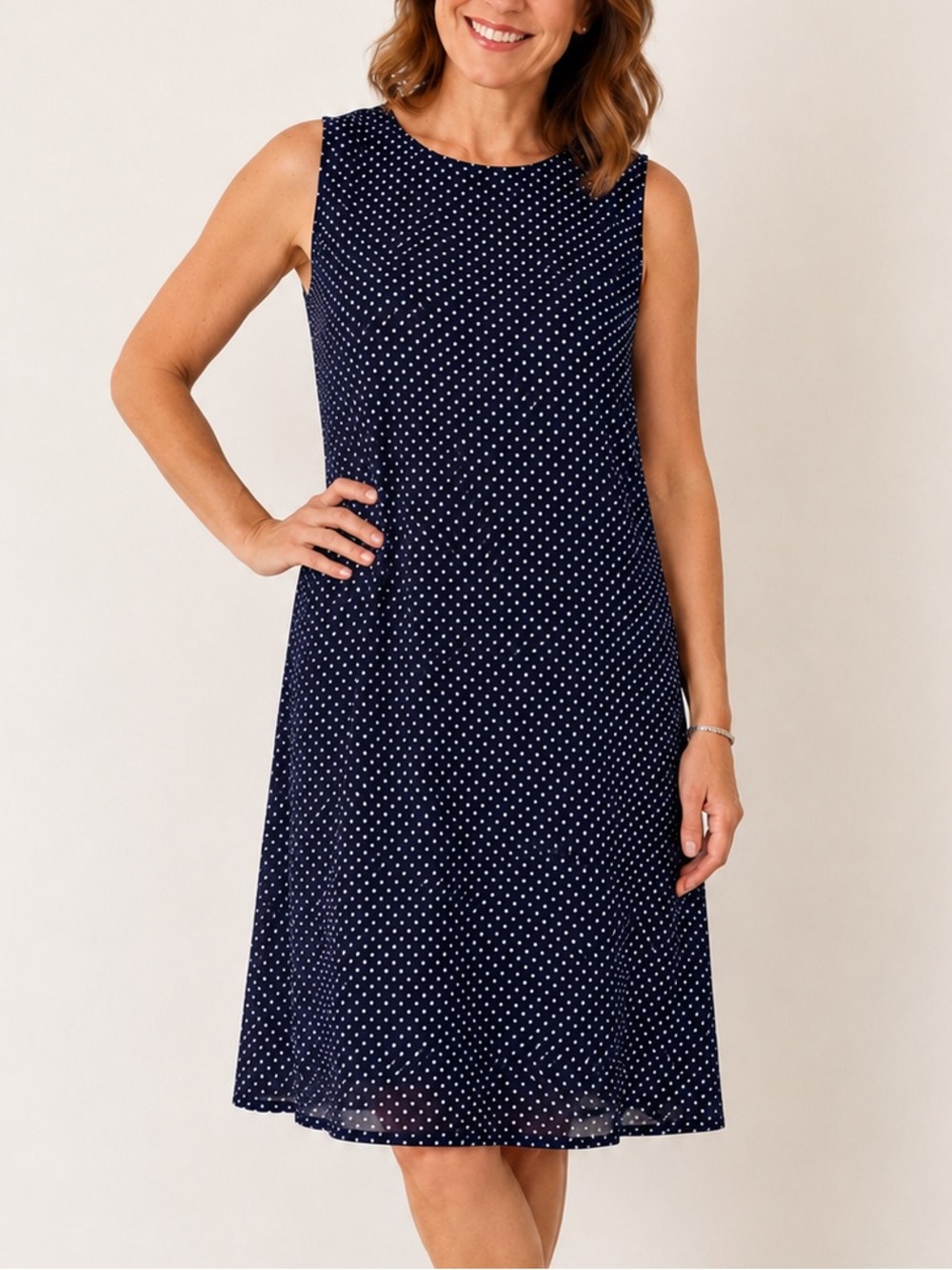 Vision Apparel Navy Polka Dot Shift Dress Vintage Inspired Sleeveless Midi
